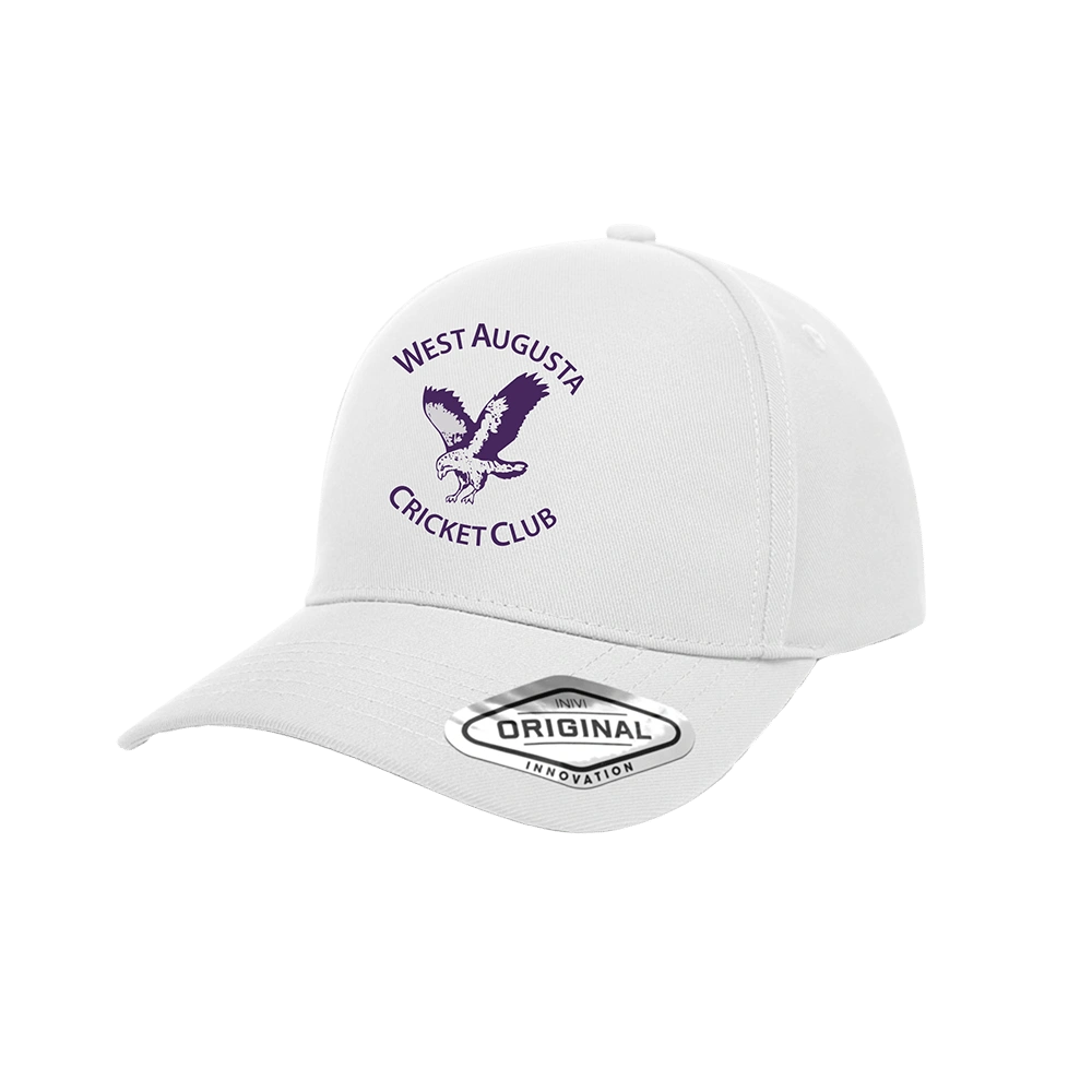 West Augusta Cricket Club Cap in white, front view with the purple club logo printed on the front panel
