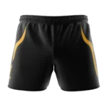 Falcons Basketball Club shorts front view in black with gold curved leg panels, tie cord waist and falcon club logo