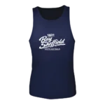 Front of The Bay Sheffield 140th navy singlet with the white 140th Bay Sheffield Athlete print across the chest